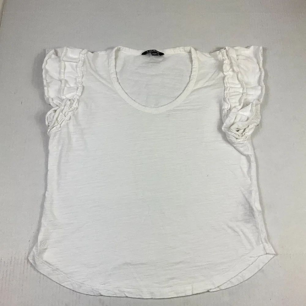 Lauren Ralph Lauren Cotton Top Scoop Neck Ruffled Short Sleeve Shirt PM Petites